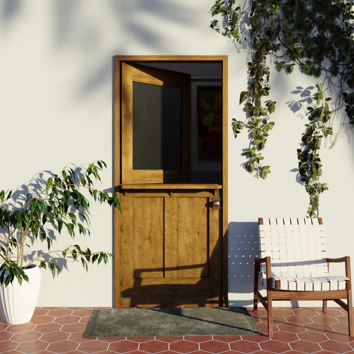 A wooden Dutch exterior door with the top half opened.