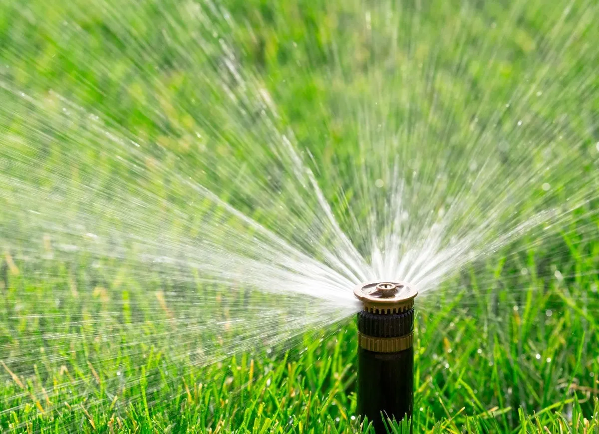 A sprinkler is spraying water across a lawn.