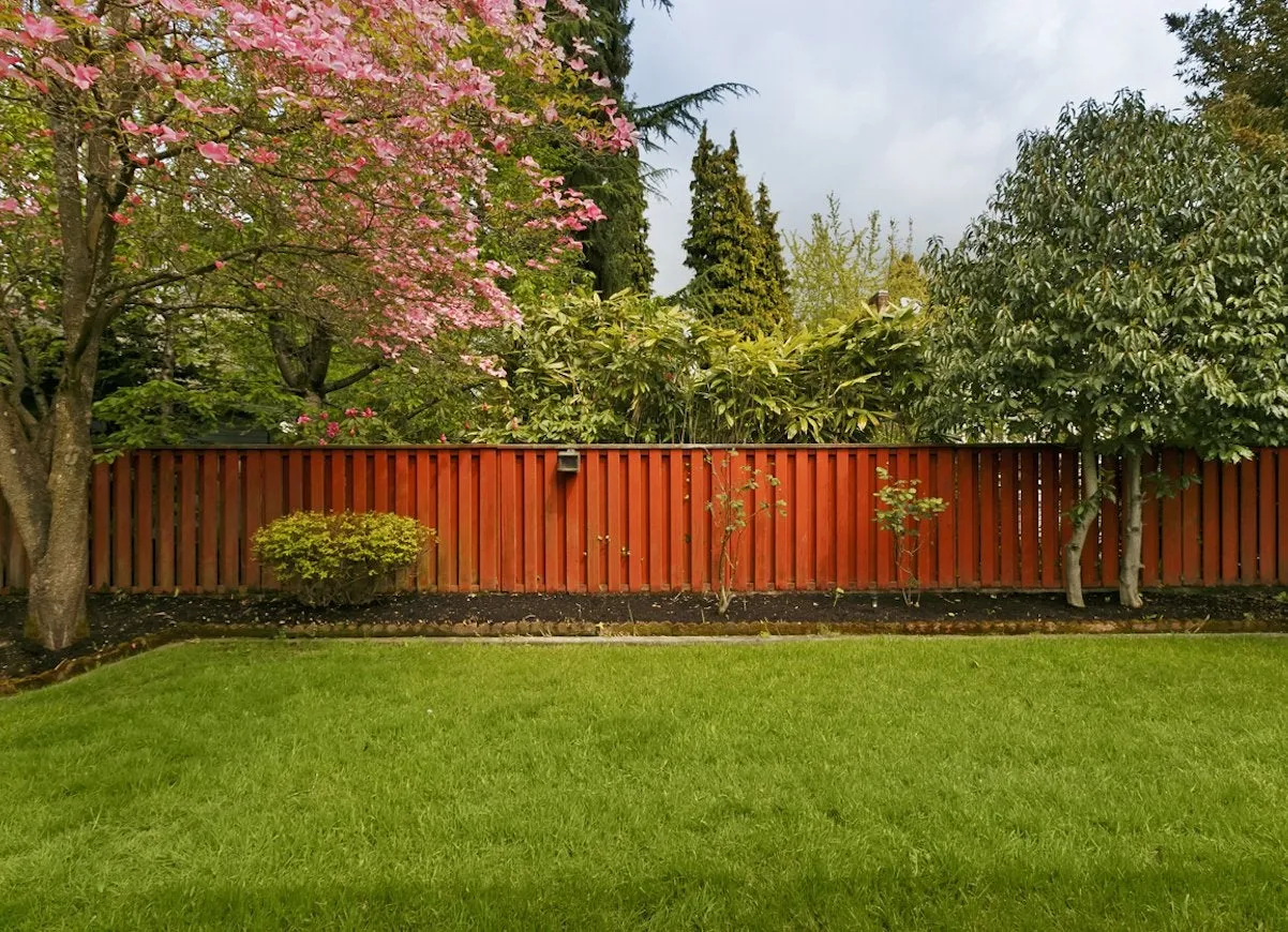 Some flowering trees accompany landscaping in front of a red metal fence.