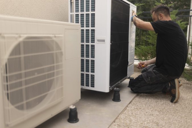 A man kneels in front of a large residential heat pump unit while holding a screwdriver.