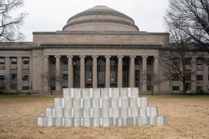 Here, the manufactured glass bricks are assembled together in a wall configuration in Killian Court.