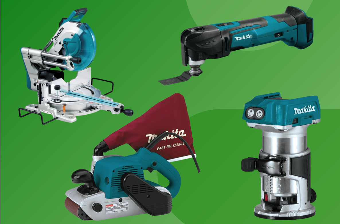 Makita products on a green background