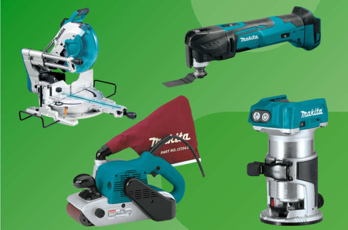 Makita products on a green background