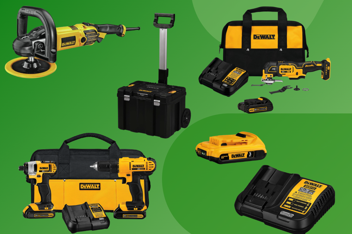 A group of DeWalt tools on a green background