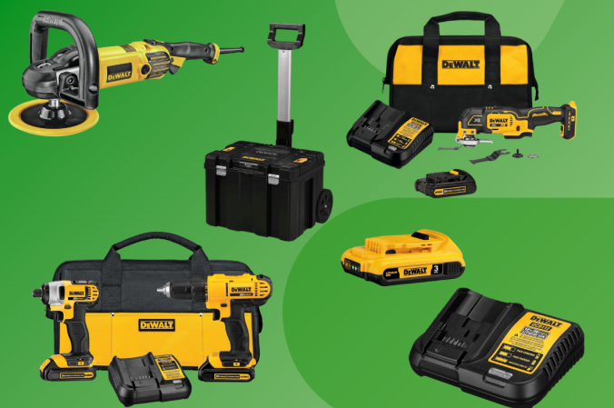 A group of DeWalt tools on a green background