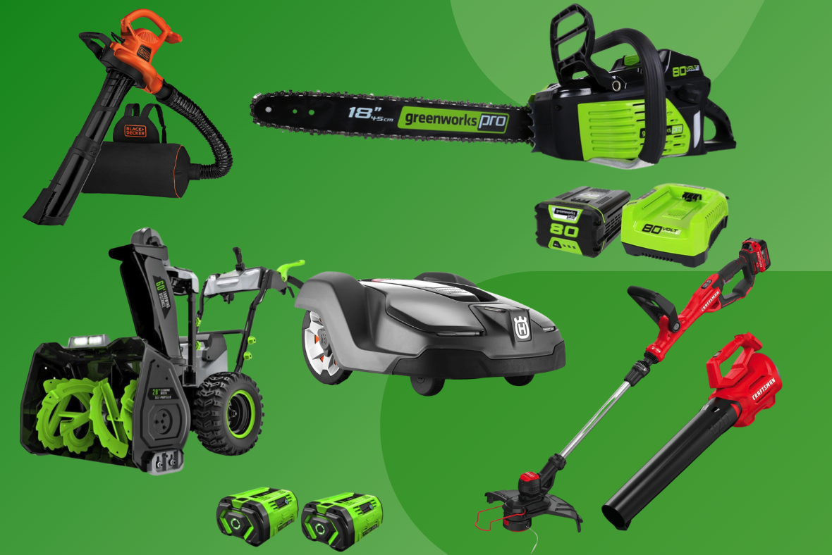 Group of outdoor tools on green background