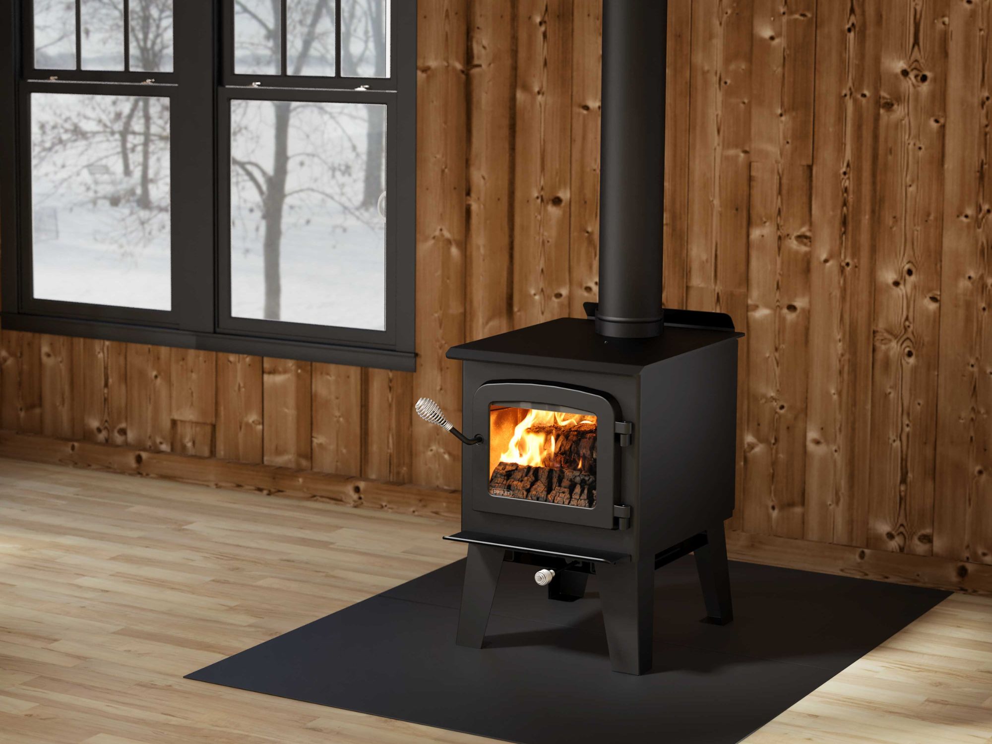 Wood Stove Brands Option in a wood cabin with snowy background 