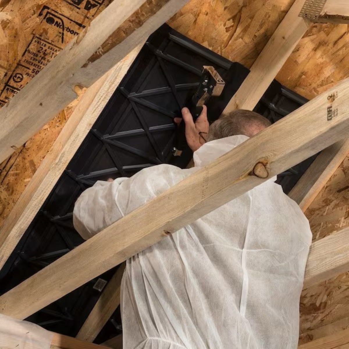 A person is working to add a rafter vent from under the roof.