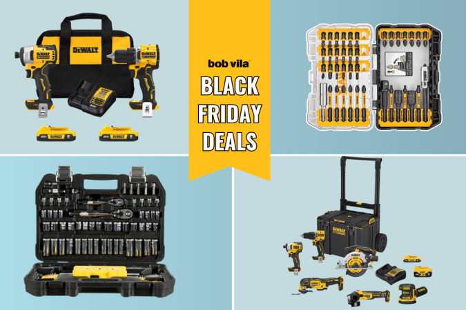 DeWalt Black Friday deals on a blue background