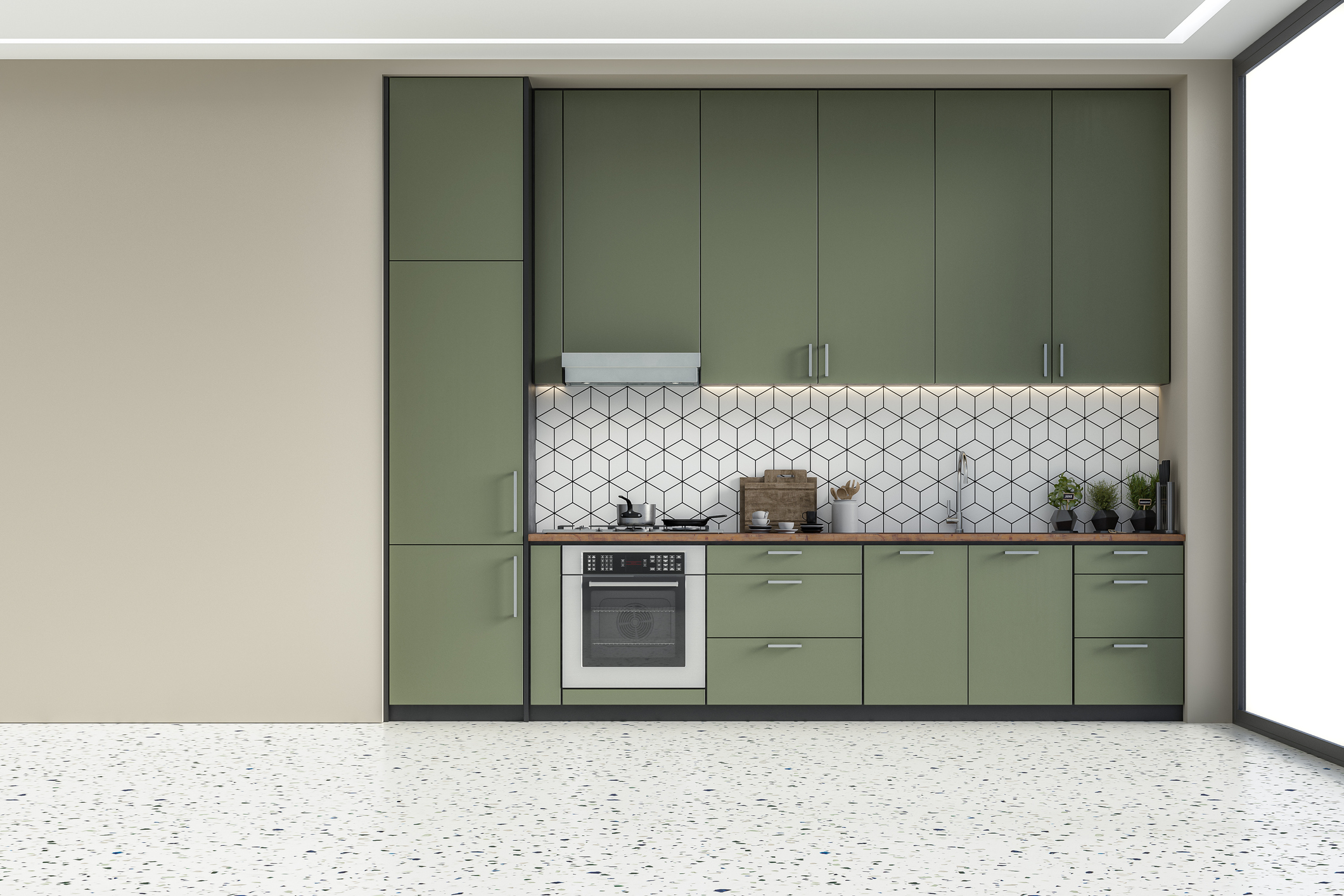 Kitchen with khaki green high wooden cabinets with tiled pattern background and ceiling led lights and a terrazzo floor.