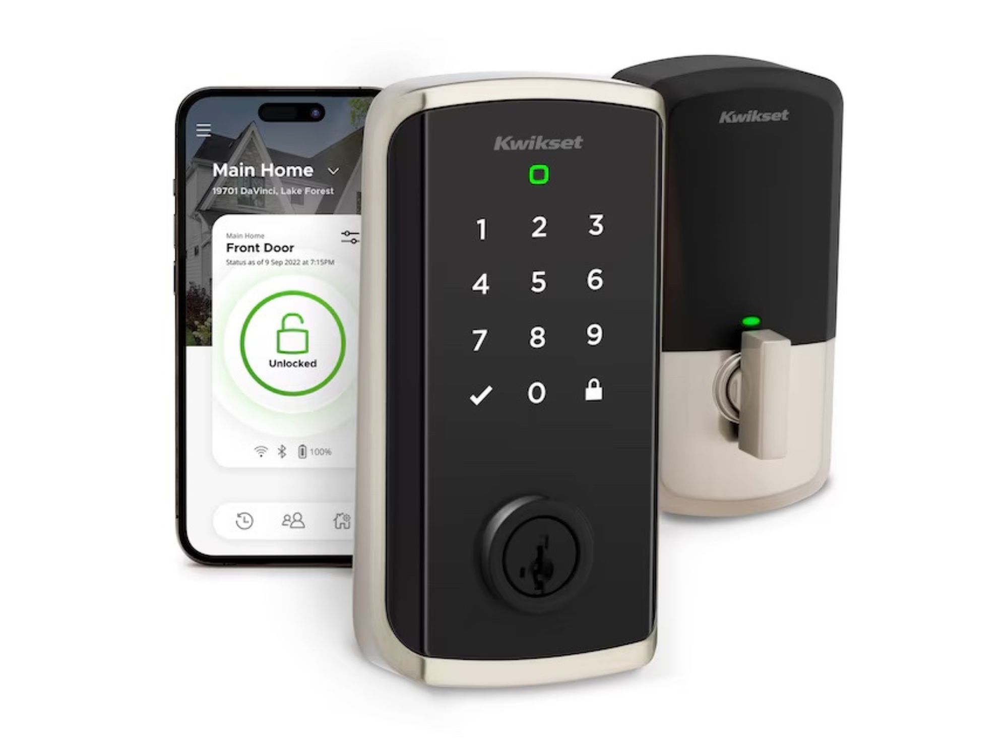 Kwikset Halo Select smart lock keypad and deadbolt with phone showing Kwikset app screen