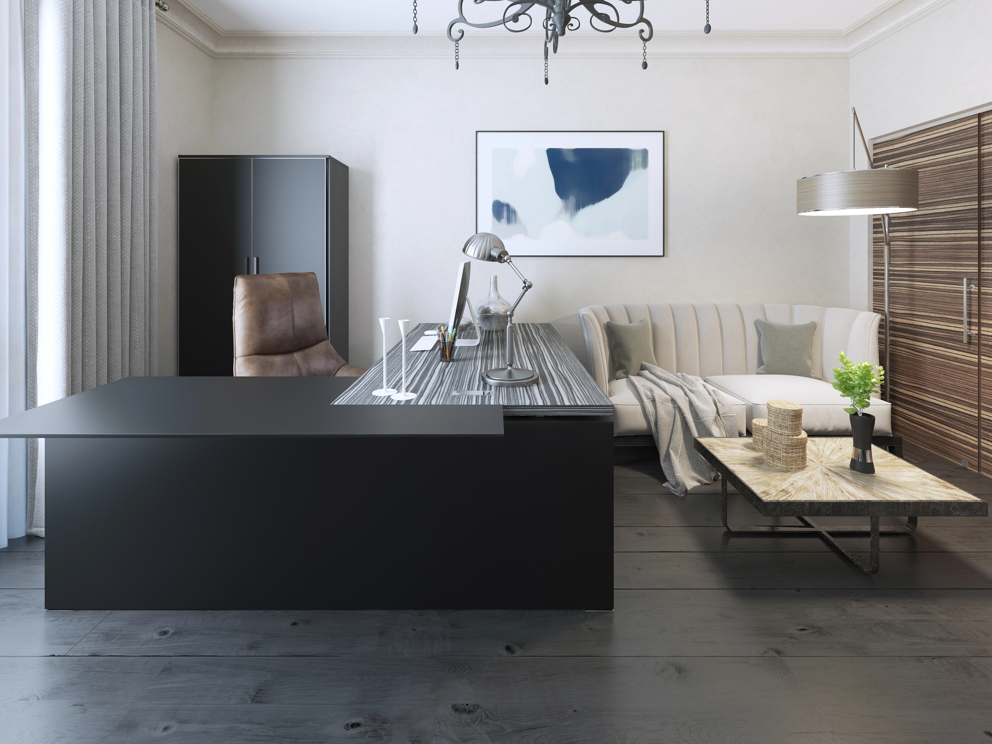 A home office furnished with a small white couch, coffee table, and a large black L-shaped desk at the back corner of the room.