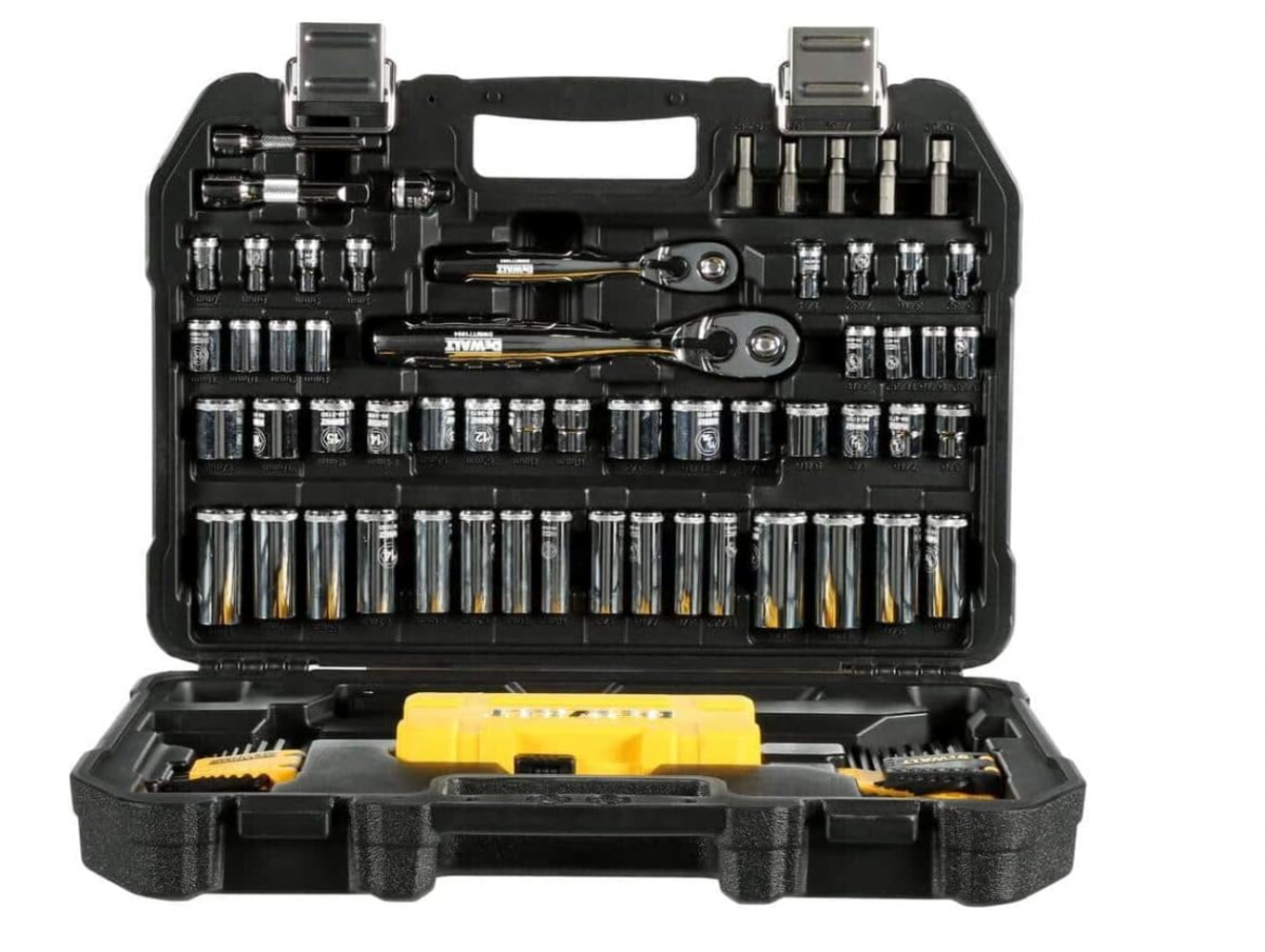 DeWalt mechanic's tool set on white background