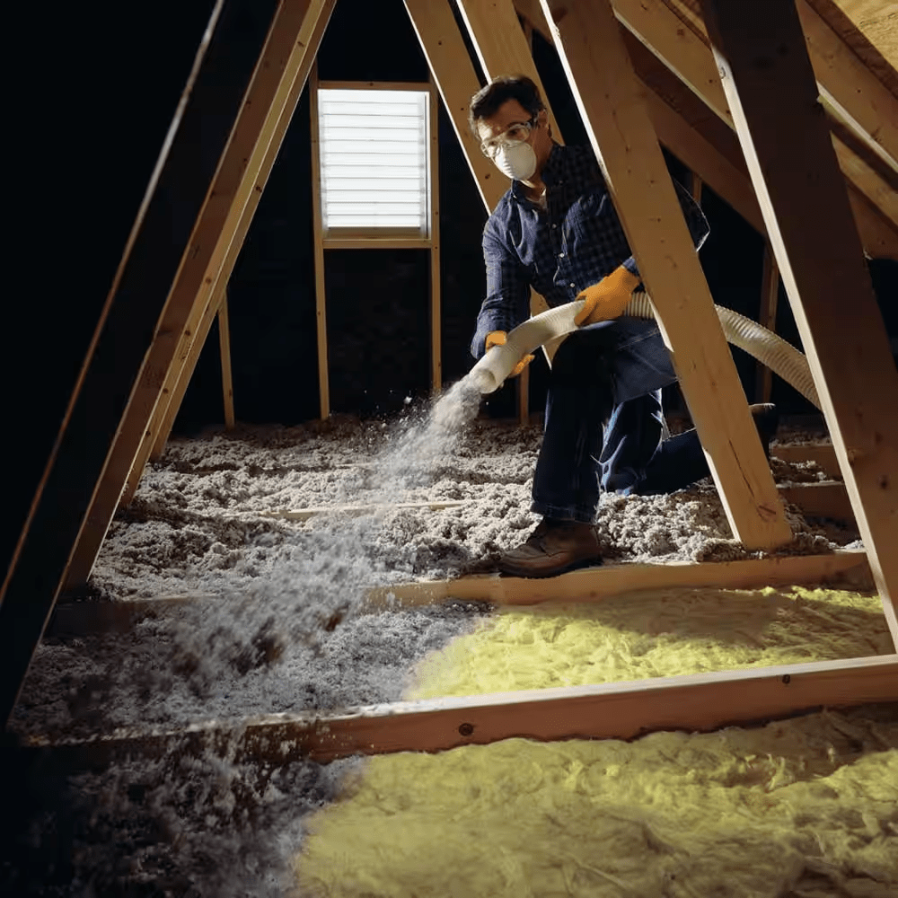 A homeowner spraying loose-fill cellulose insulation onto an attic floor.