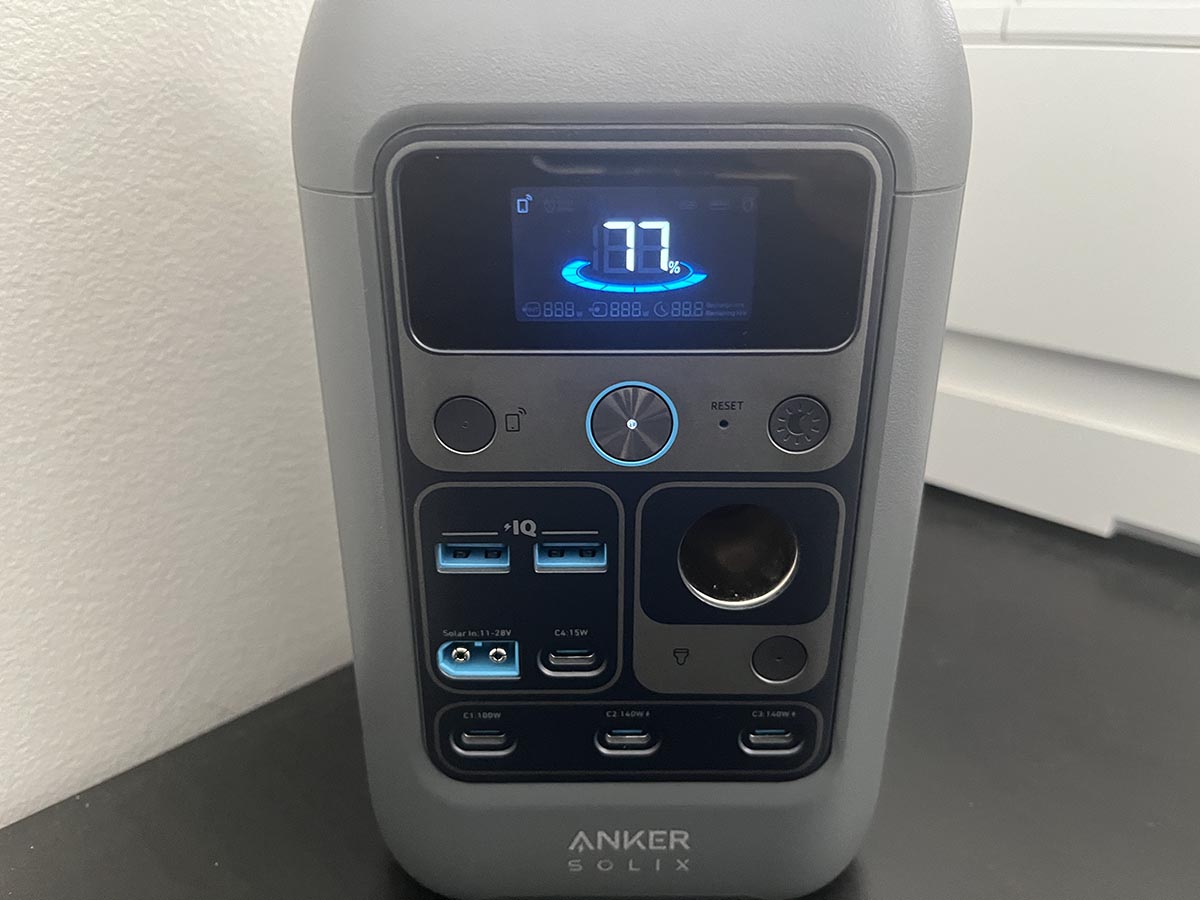 Front of Anker Solix C300 DC Portable Power Station with display screen and charging ports