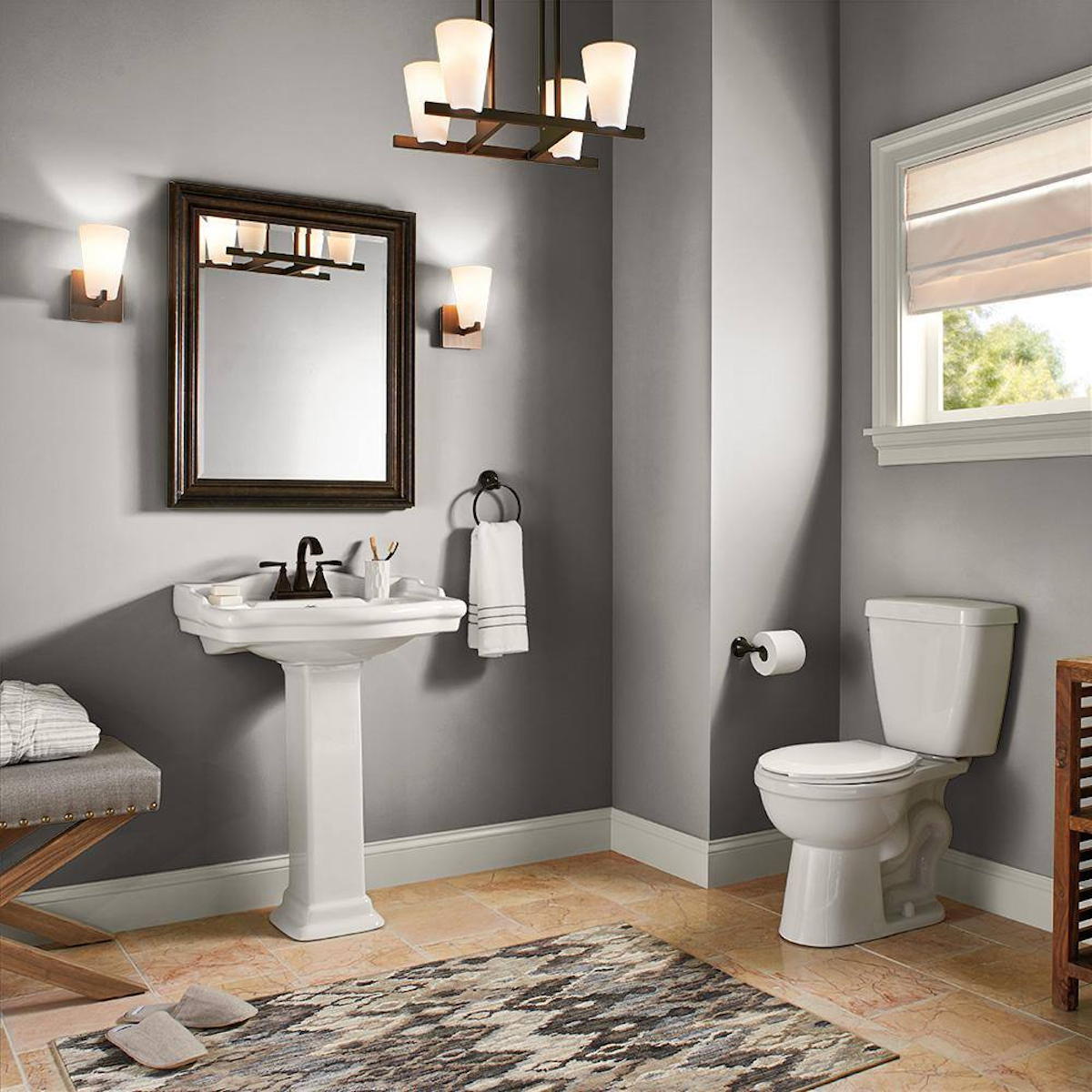 Behr Fashion Gray paint color on bathroom walls.