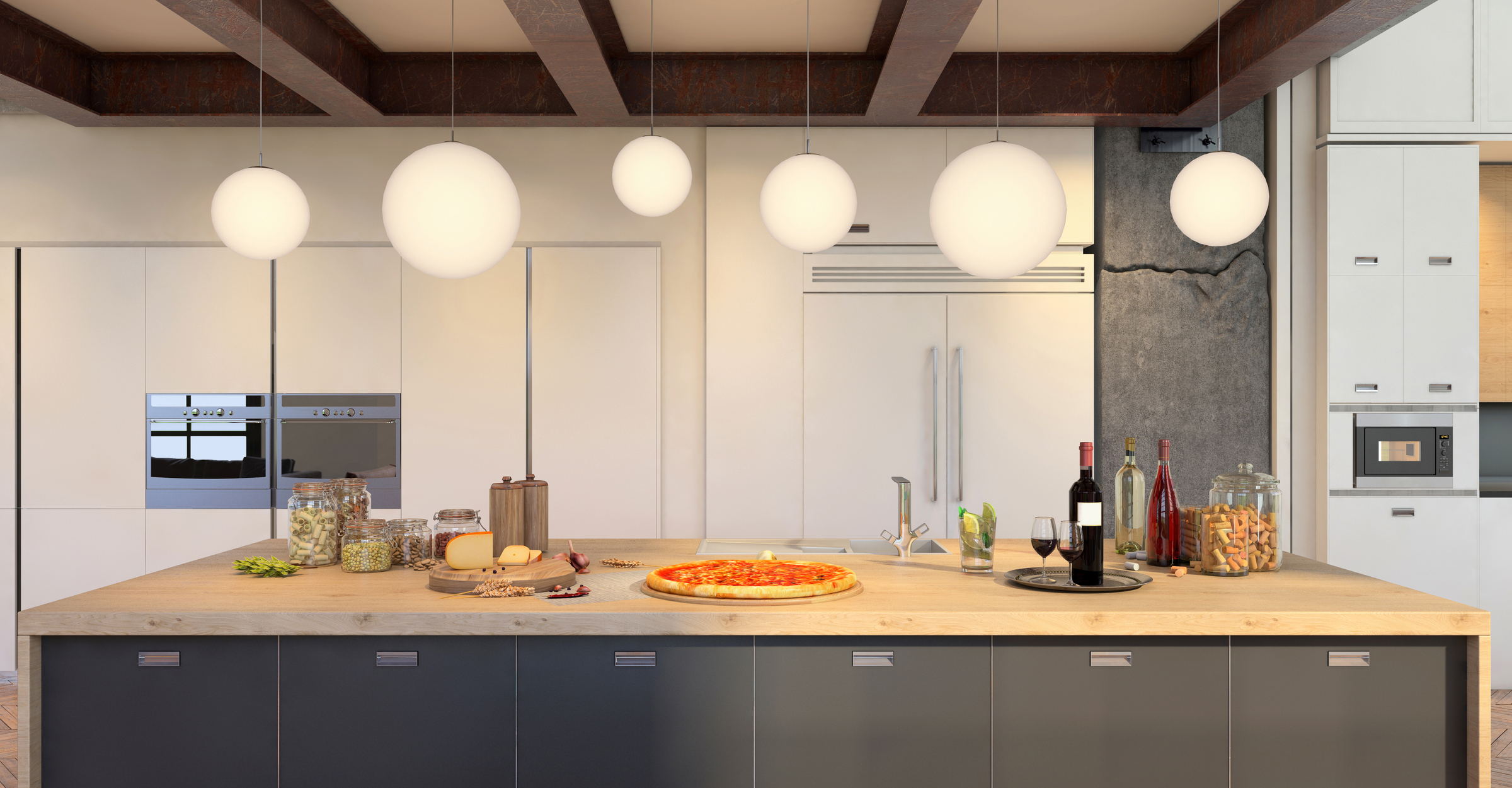 Modern kitchen island with several sphere pendant lights illuminating the room.