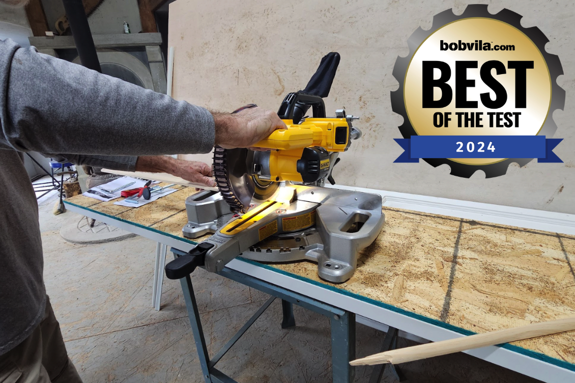 Best power tool and DIY essentials for 2024, person using a dewalt miter saw