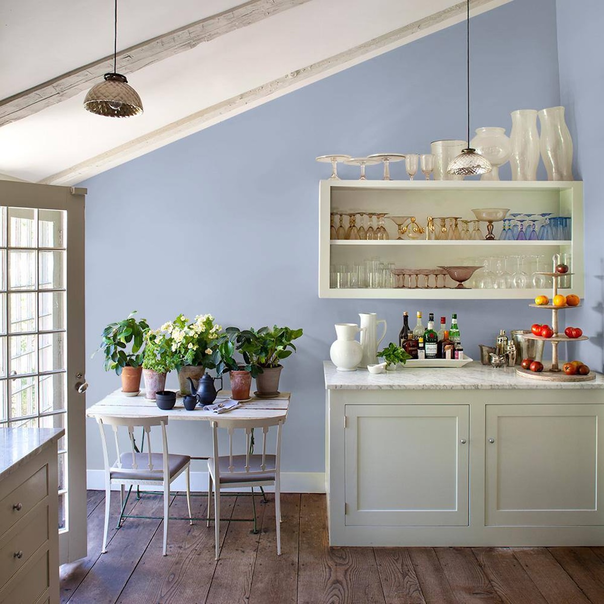 Blue Opal paint from Glidden on kitchen walls.