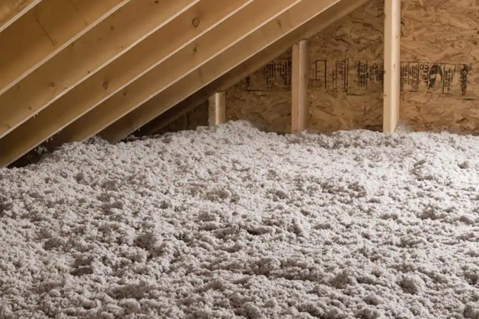 Cellulose insulation inside a home attic.