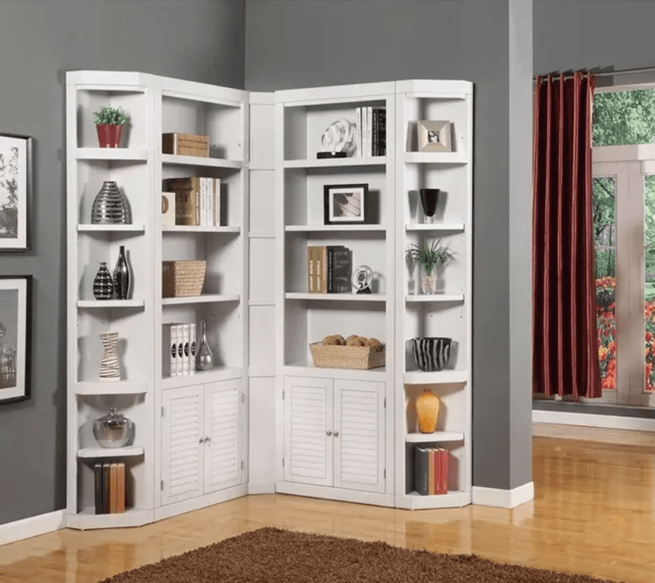 An L-shaped built-in bookshelf in a living room.