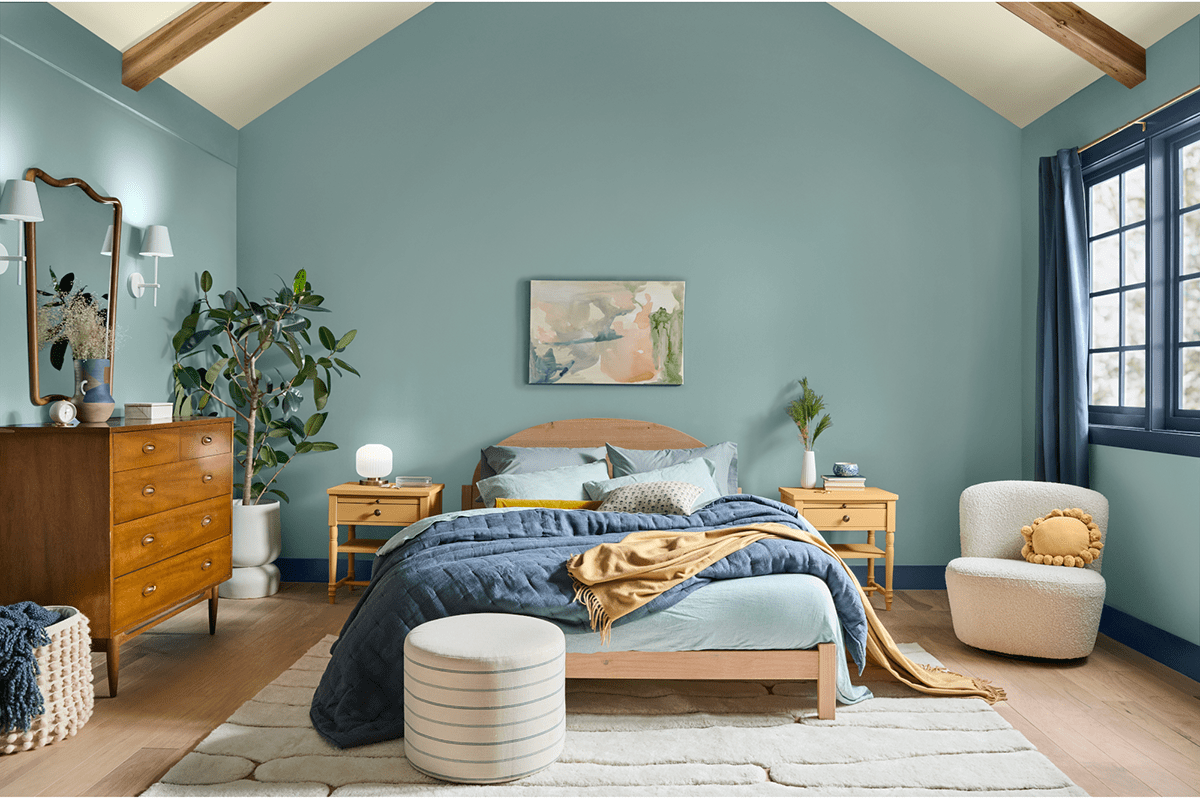 Dutch Boy's 2025 color of the year on bedroom walls.