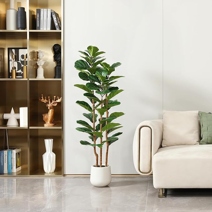 Faux fiddle leaf fig in modern living room.