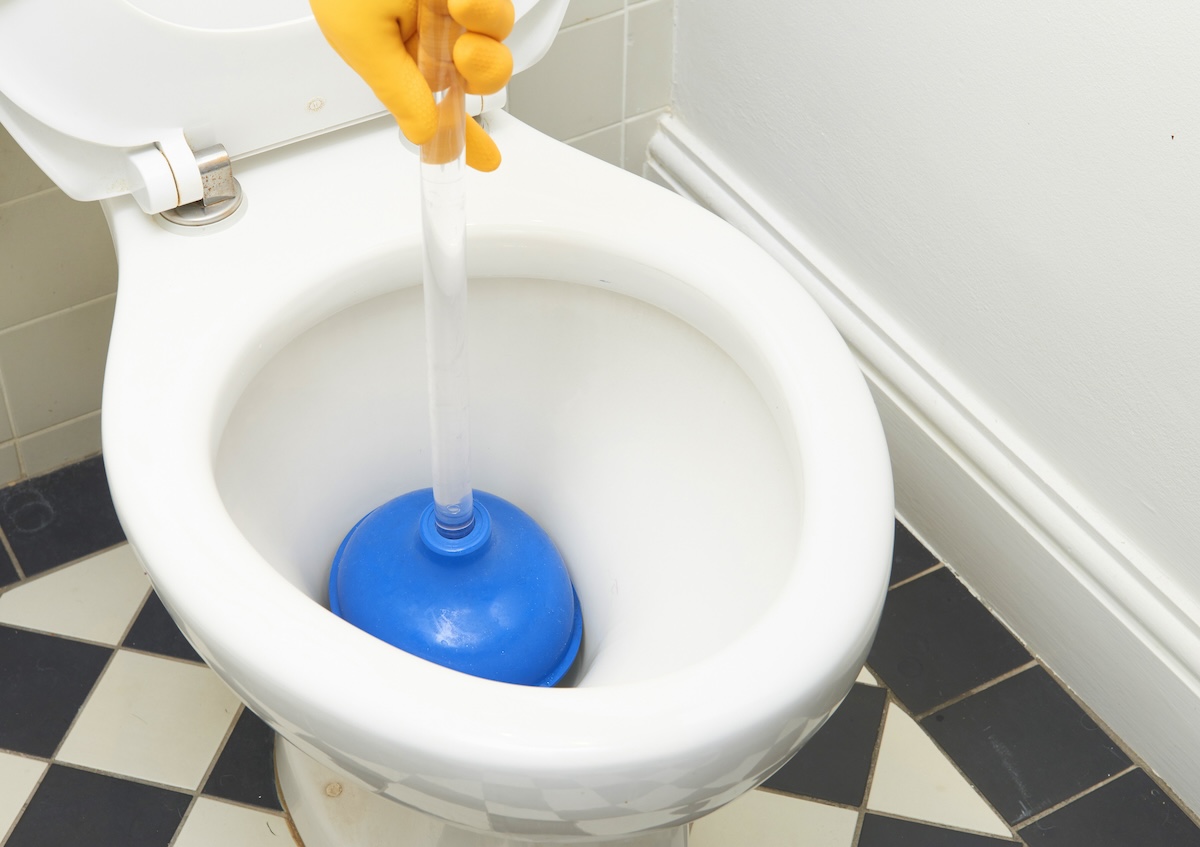 Using a blue plunger to unclog a toilet.