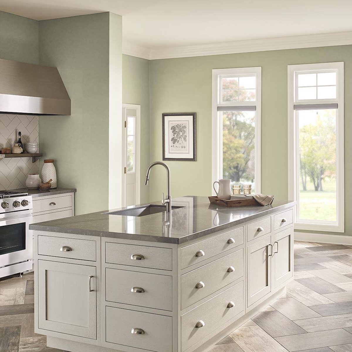 Behr's Back to Nature, one of the best green paint colors, painted on kitchen walls.