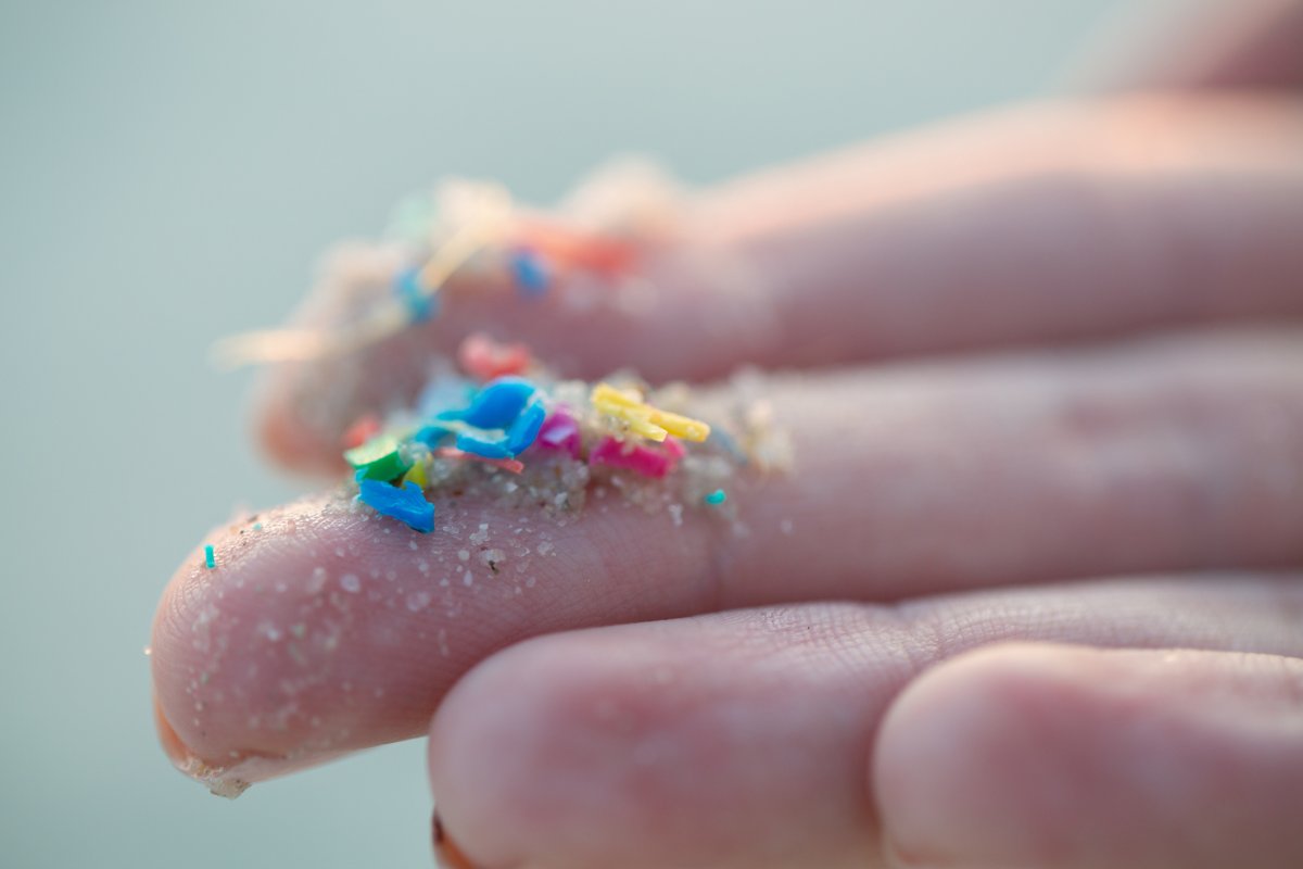 Colorful microplastics sitting in the palm of a hand.