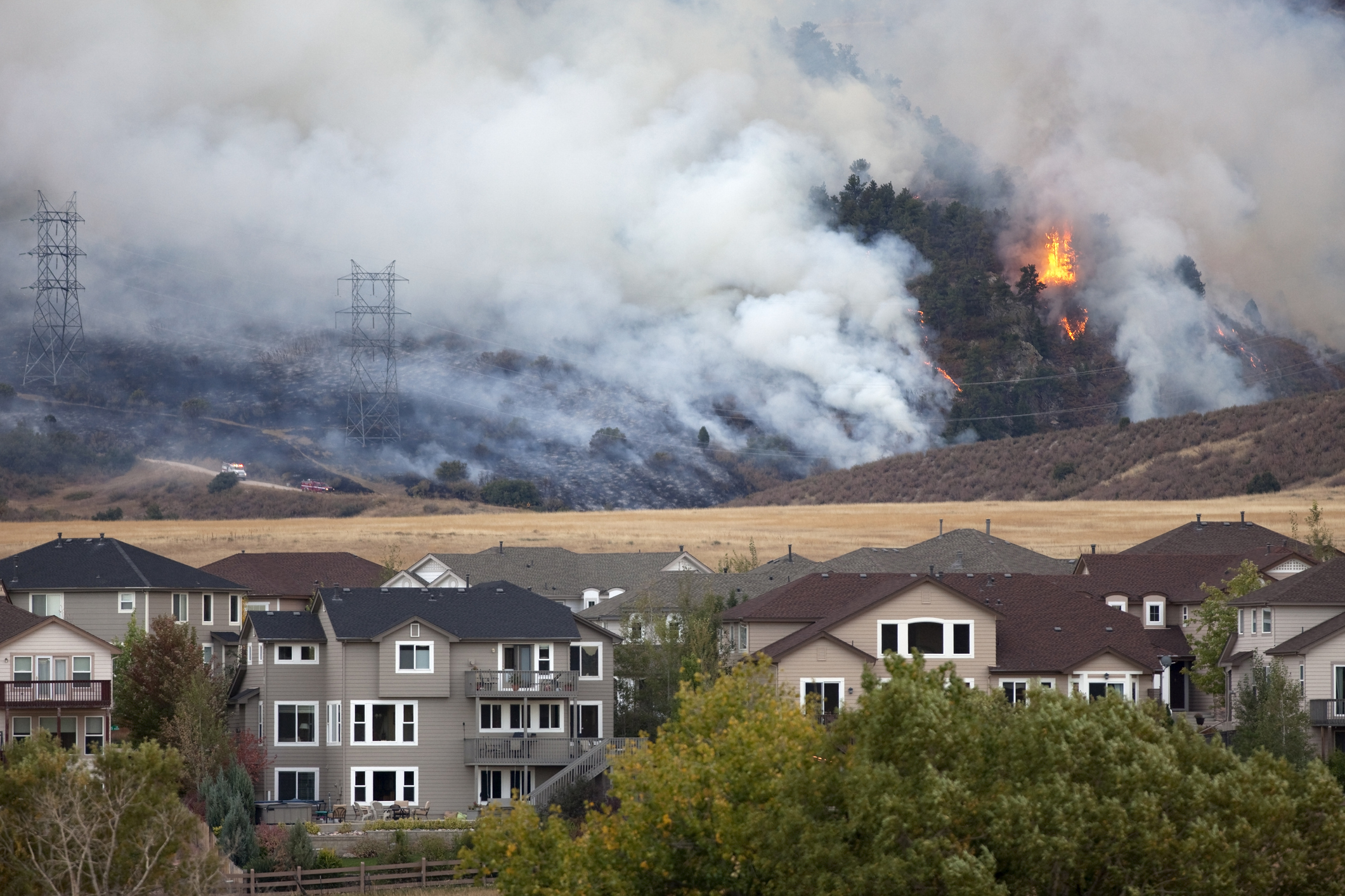 Pine trees and scrub oak burn behind homes