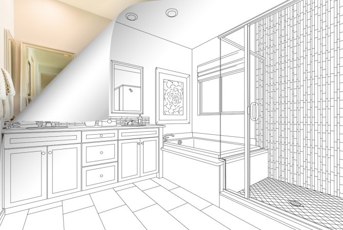 A drawing of a bathroom layout in preparation for a bathroom remodel.