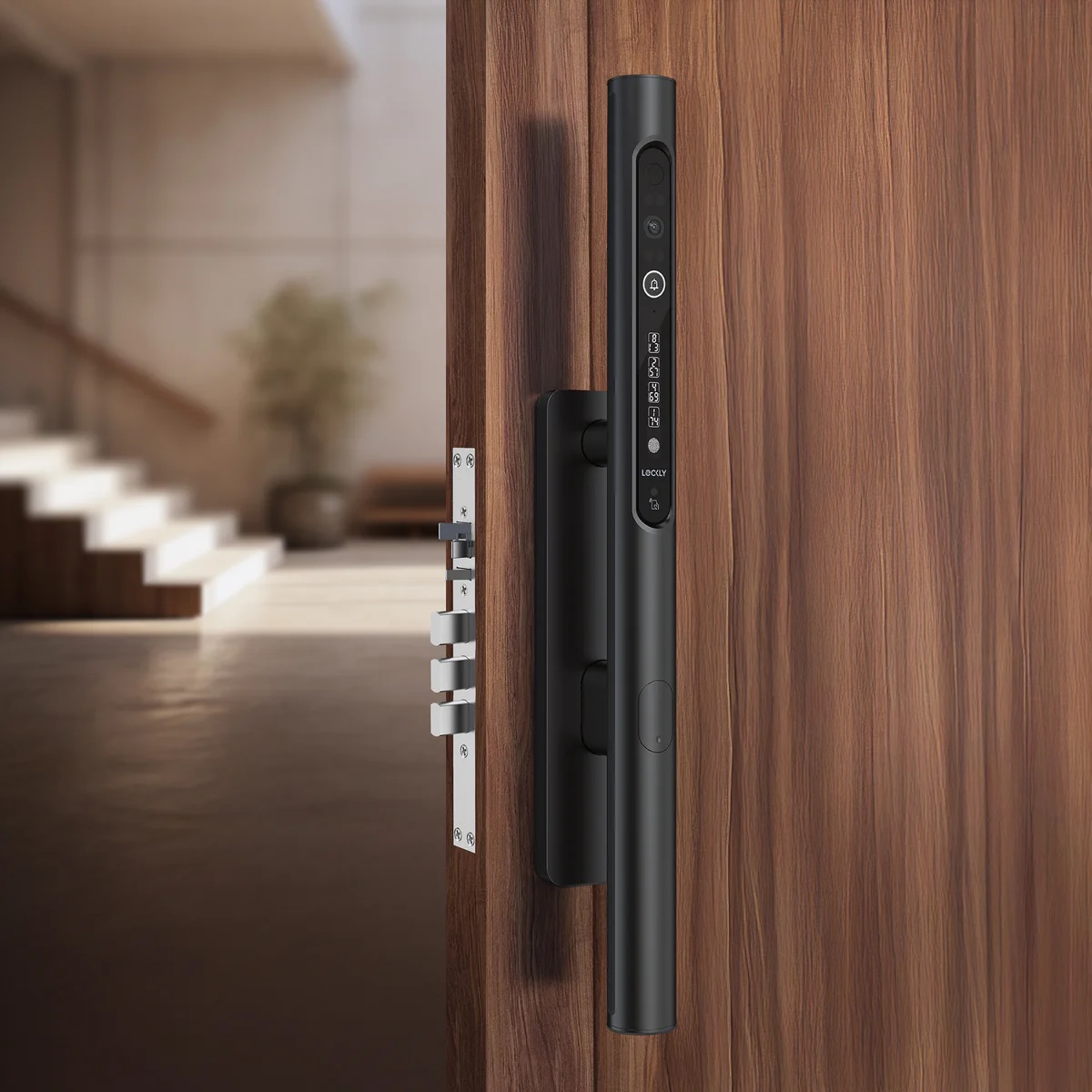 The new Lockly Styla incorporates a smart deadbolt and video camera into a sleek handle on a modern exterior door