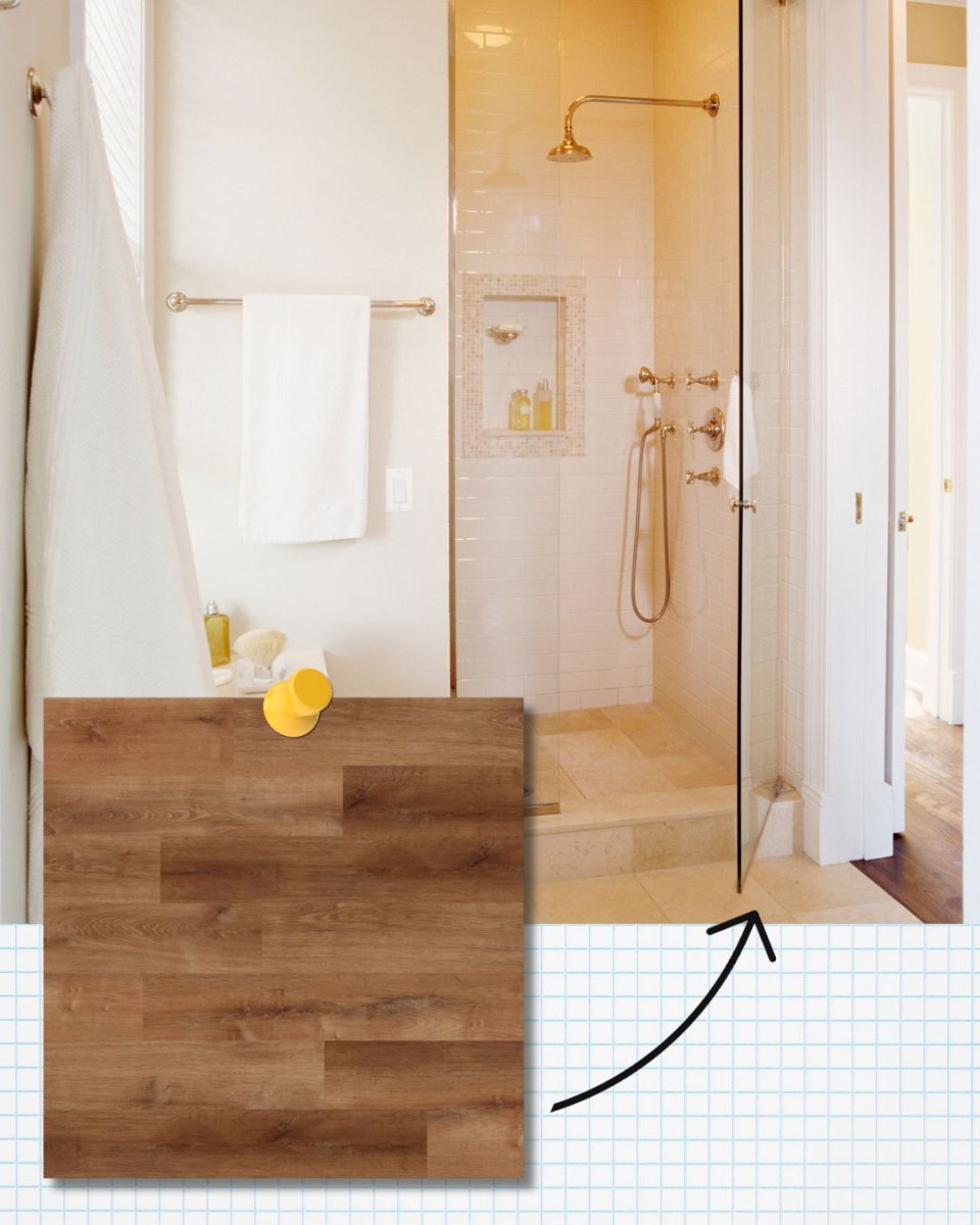 Bathroom Mood Board with Warm Wall Tile and Lifeproof Trail Oak Mimicking Wood Floors