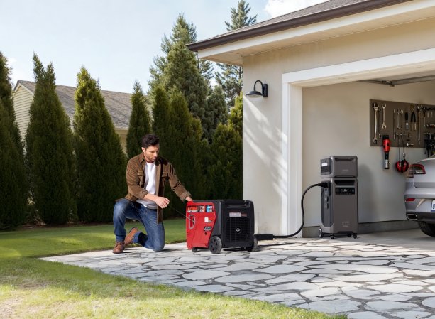 The new Anker SOLIX F3800 Plus refueling via a gas generator outside of a garage