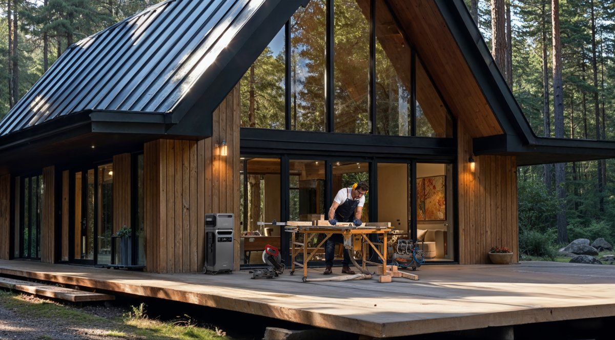 The Anker SOLIX F3800 Plus powers equipment outside of an A-frame house in the woods