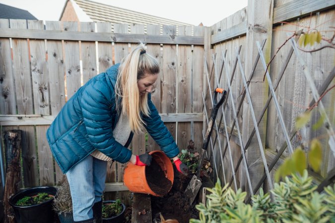 A gardener filling plant beds with soil during a winter warm up.