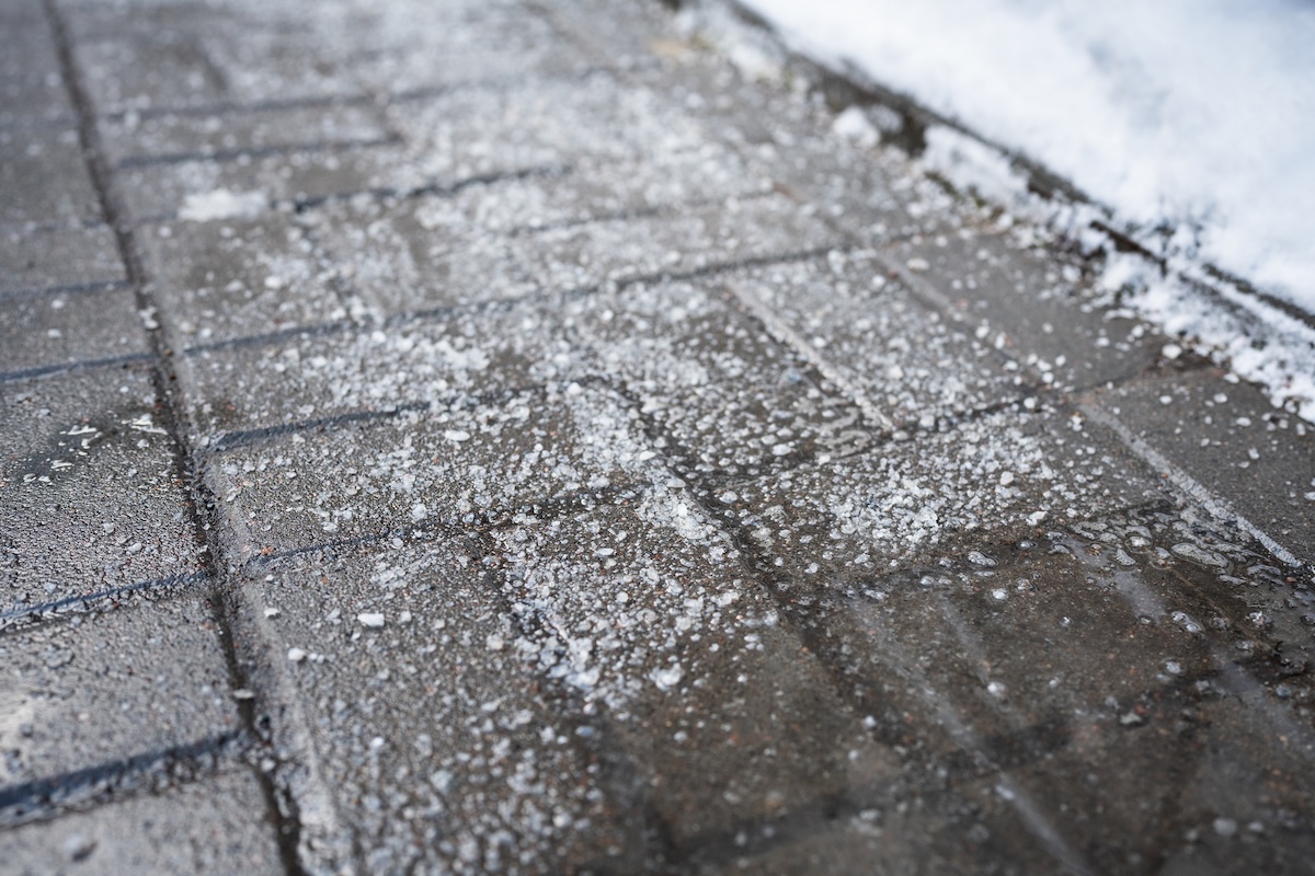 Ice melt or rock salt on a brick walking path.