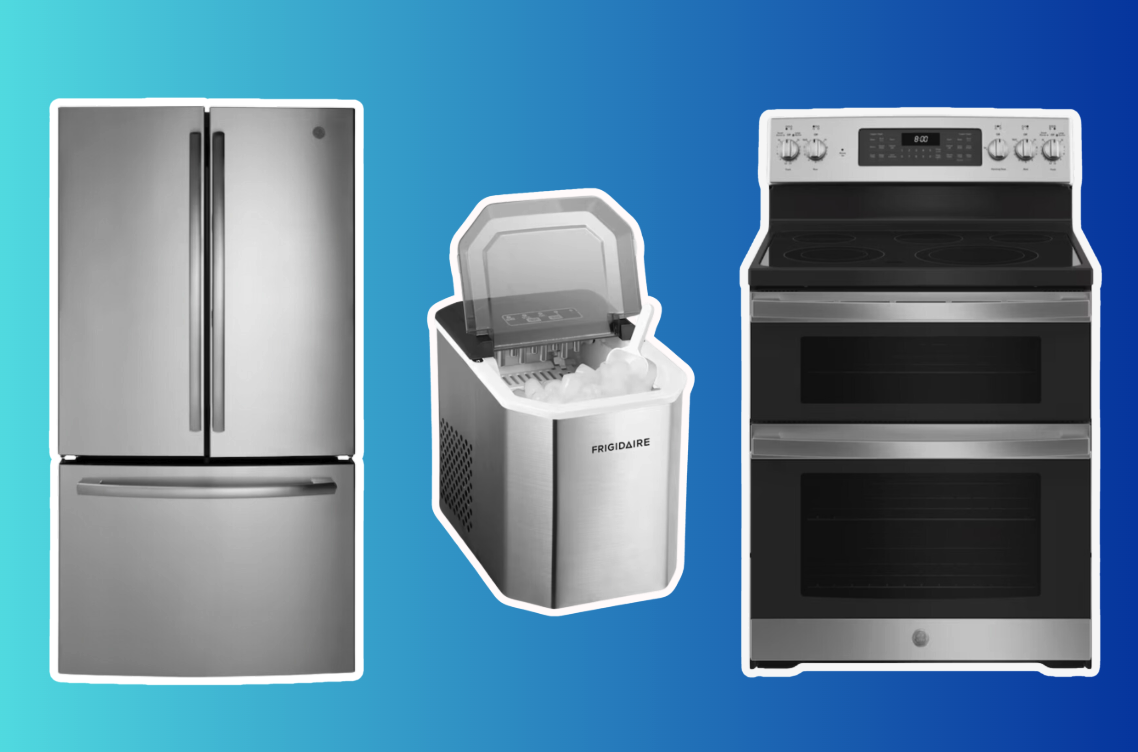 Lowe's appliances on blue background, lowe's president's day appliance sale