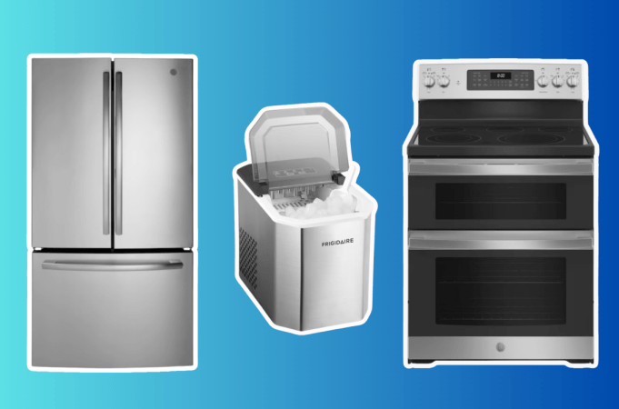 Lowe's appliances on blue background, lowe's president's day appliance sale