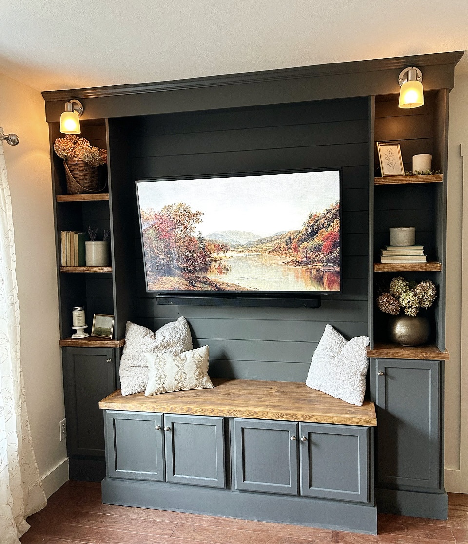 An entertainment center created with stock cabinets.