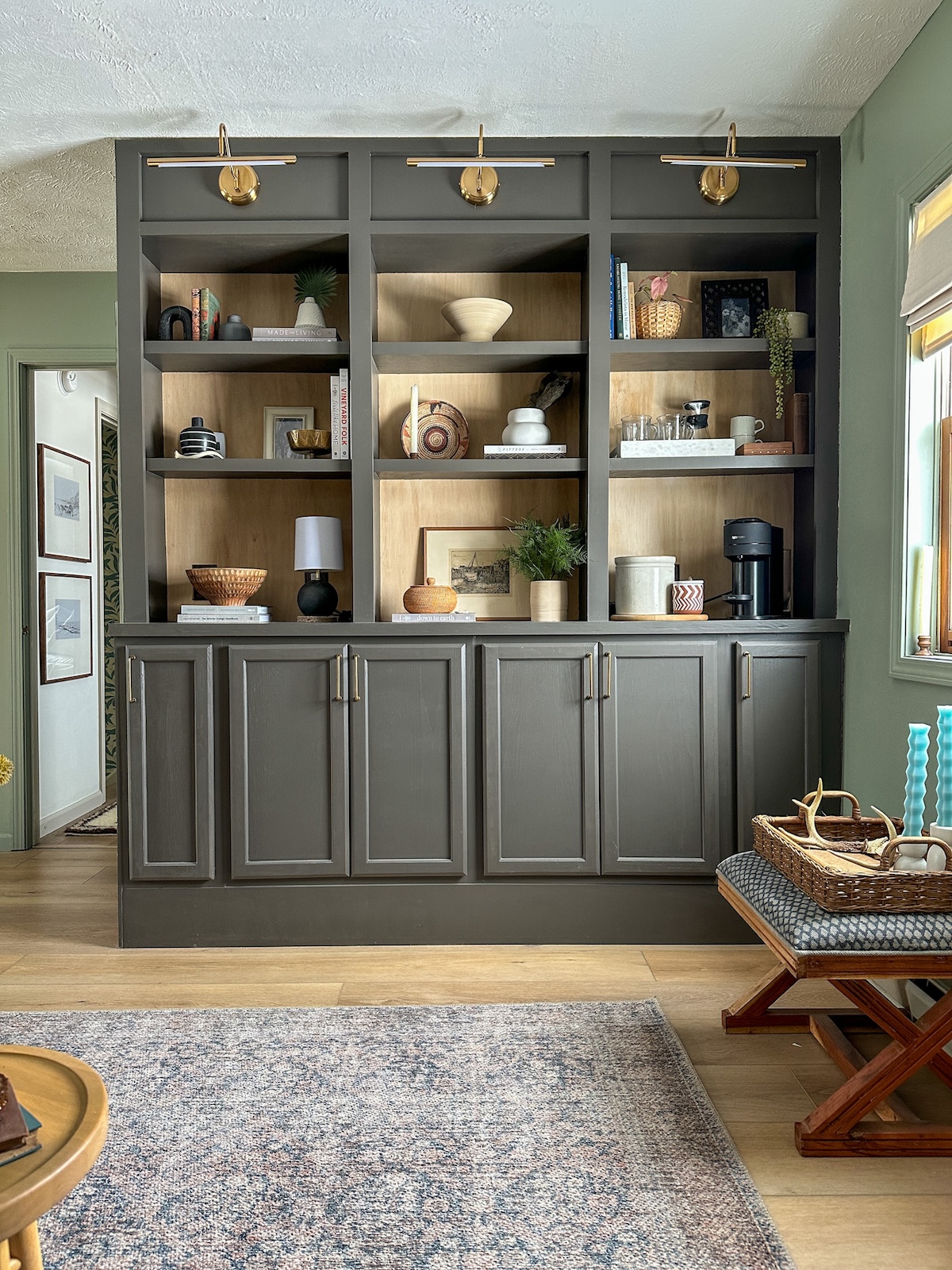 A coffee bar made with stock cabinets.