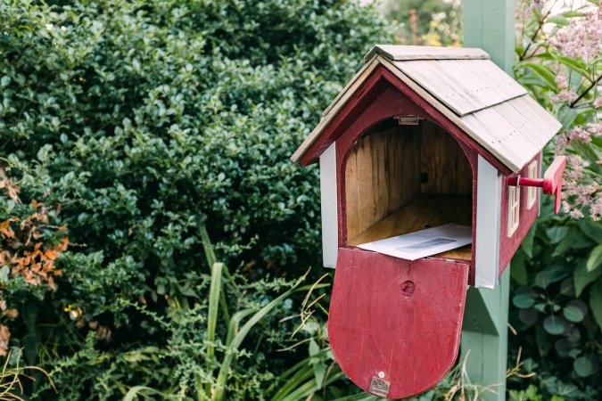 A charming mailbox surrounded by nice landscaping plants.